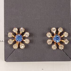 Vintage BN BugBee Niles Clip-On Screw Back Earrings Gold Tone Rhinestones Blue